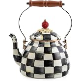 MACKENZIE-CHILDS Tea Kettle, 2 Quarts, Black-and-White Courtly Check | Hand-painted design, made from enameled steel with a wooden handle, ideal for serving coffee, tea, and other hot beverages