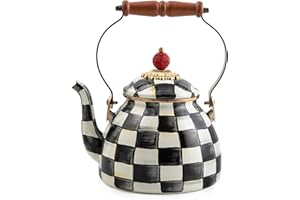 MACKENZIE-CHILDS Enamel Tea Kettle, Stylish Tea Kettle for Stovetop, Black-and-White Courtly Check, 2 Quarts