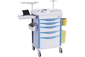 OLERN Adjustable Rolling Medical Storage Crash Cart - Includes Silent Casters, IV Pole, Needle Disposal Holder, Trash Bin & O2 Holder - Ideal Nursing Trolley for Clinics, Hospitals