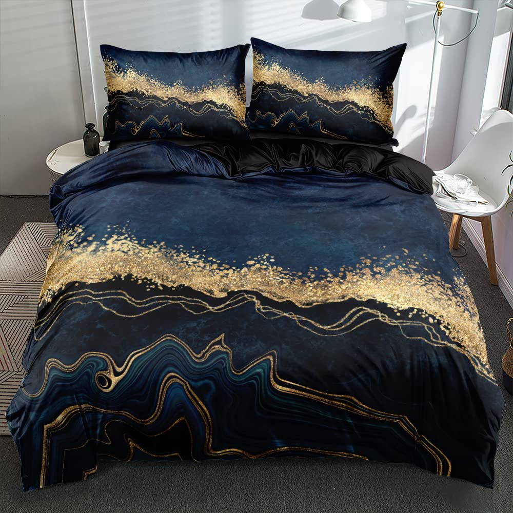 Luowei Bed Linen Bedding 155 x 220 cm, 3D Marble Bed Linen Black Gold Duvet Cover + 2 Pillowcases 80 x 80 cm with Zip, Soft and Light