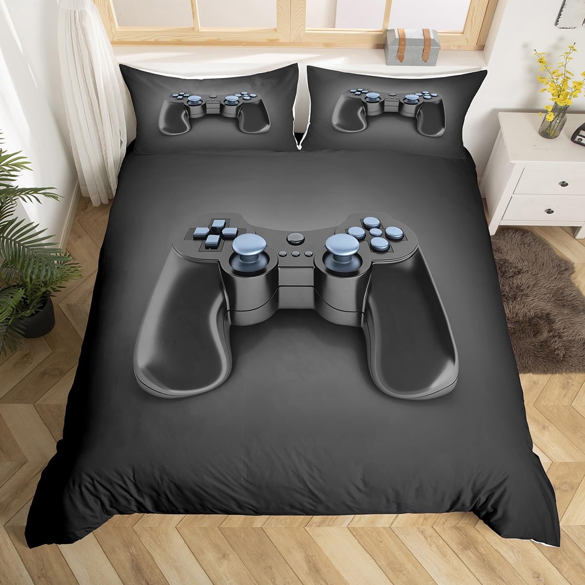 Loussiesd Gamepad Bedding Set for Boys, Modern Gamer Comforter Cover Video Game Duvet Cover Kids Teens, Action Buttons Printed Soft Microfiber Bedspread Cover for Girls Bedroom Decor Double