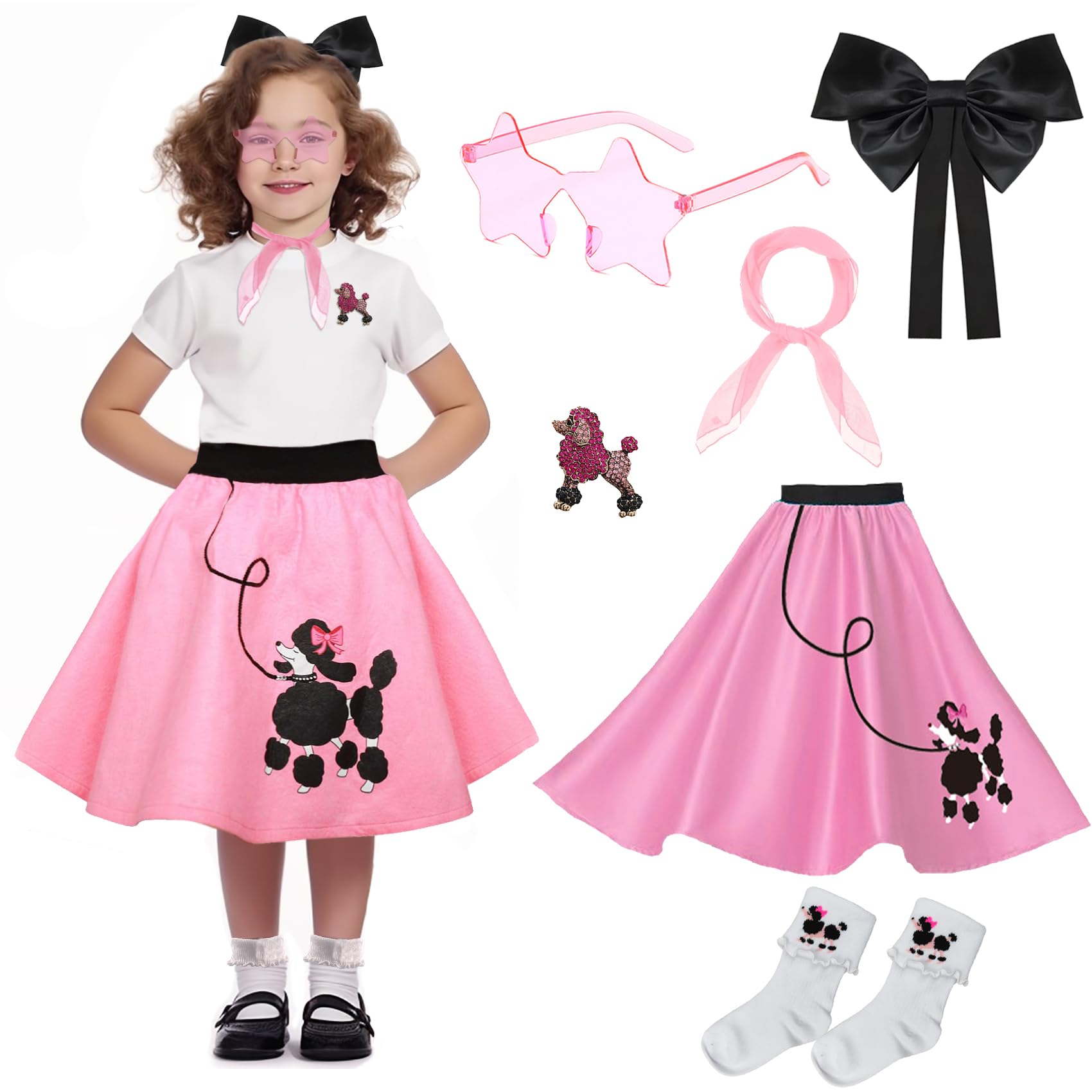 Photo 1 of 50s Girls Poodle Skirt Kids Sock Hop Outfit, Decades Day Costume - Grease Accessories Bobby Socks, Scarf & Glasses (Pink, 4-6 Yrs)