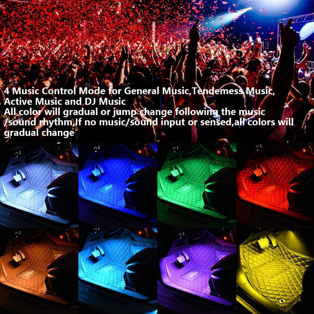 AveyLum Car LED Strip Lights USB 5V 4pcs Auto Interior Music Sync Underdash Footwell Lighting Kit RGB 5050 SMD LED Tape Light with Wireless Remote Control for Truck Jeep Motorcycle TV Home Deco