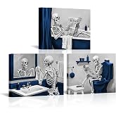 Conipit Spooky Skeleton Bathroom Wall Art Black and Navy Blue Pictures 3-Piece Canvas Print Set, Humorous Bathroom Decor 12''x16''x3 (navy)