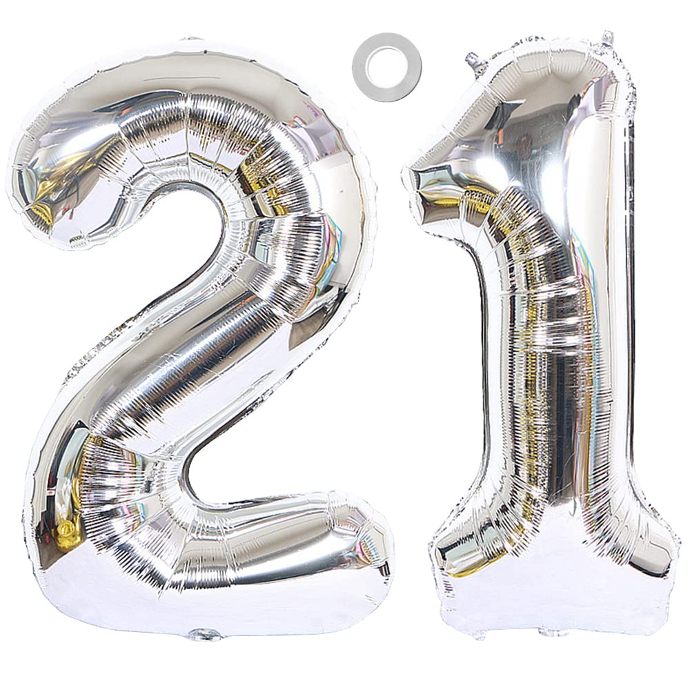 Ceqiny 40 Inch Giant Mylar Balloon - 21st Birthday Party Wedding Decoration, Silver 21 Digit Foil Balloon