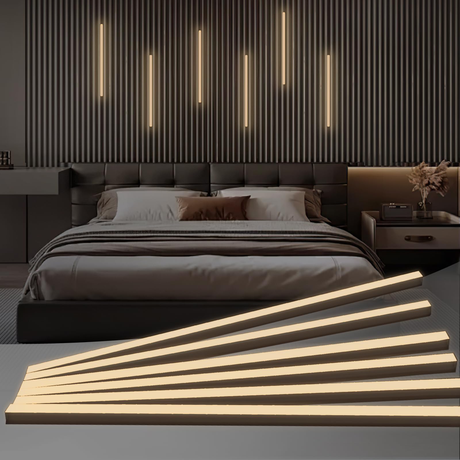 Photo 1 of HAMRVL Black LED Recessed Lighting Kit - 6 Pcs 16in 12V White LED Light with Smart Switch,Adapter,3000k Self-Adhesive LED Wall Lights for Wood Slat Wall Panels,Headboards,Stairs,Under Cabinet Lighting