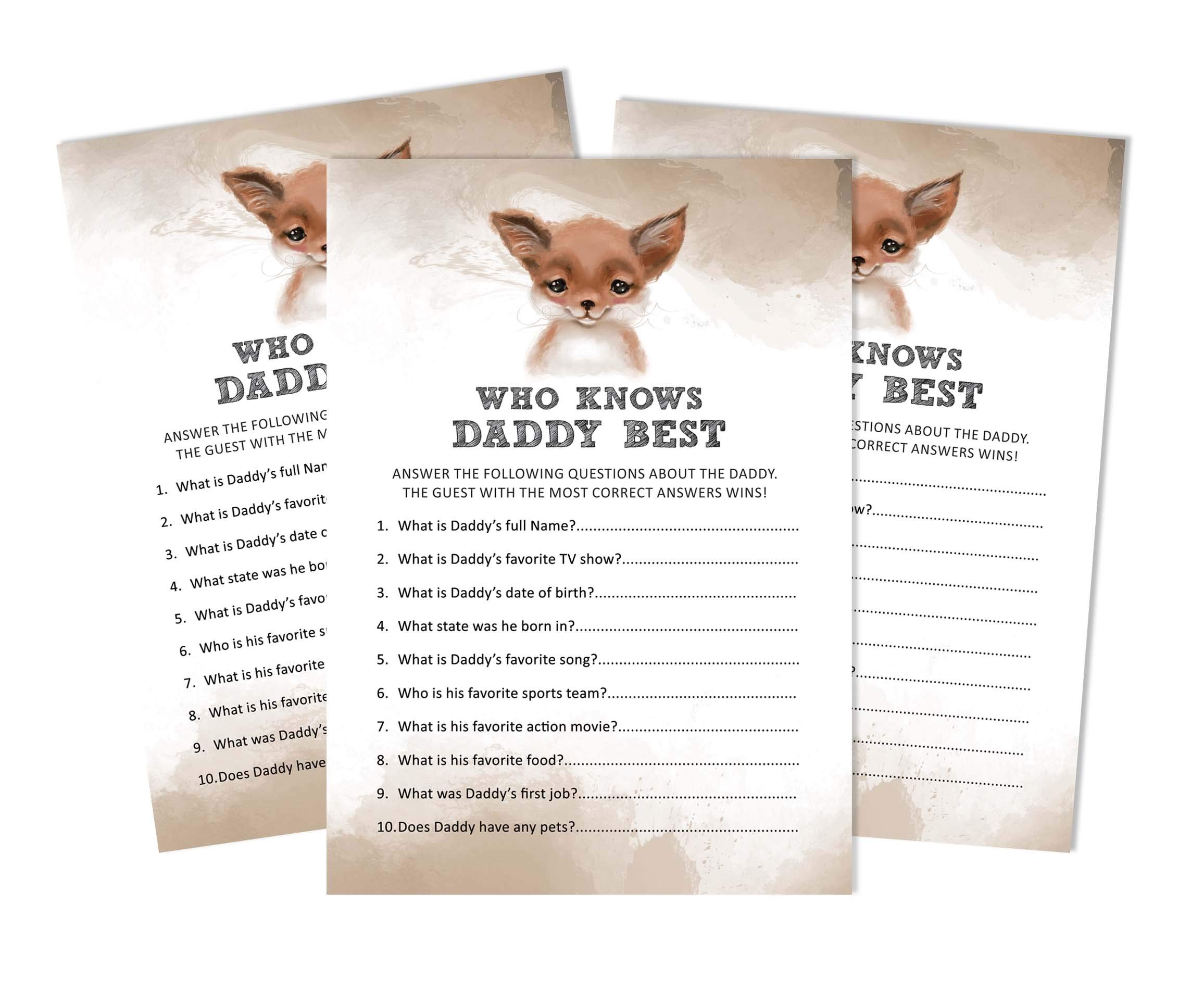 Inkdotpot Fox Jungle Animals 50 Pack Who Knows Daddy Best Baby Shower Game Cards Fun Activity Cards