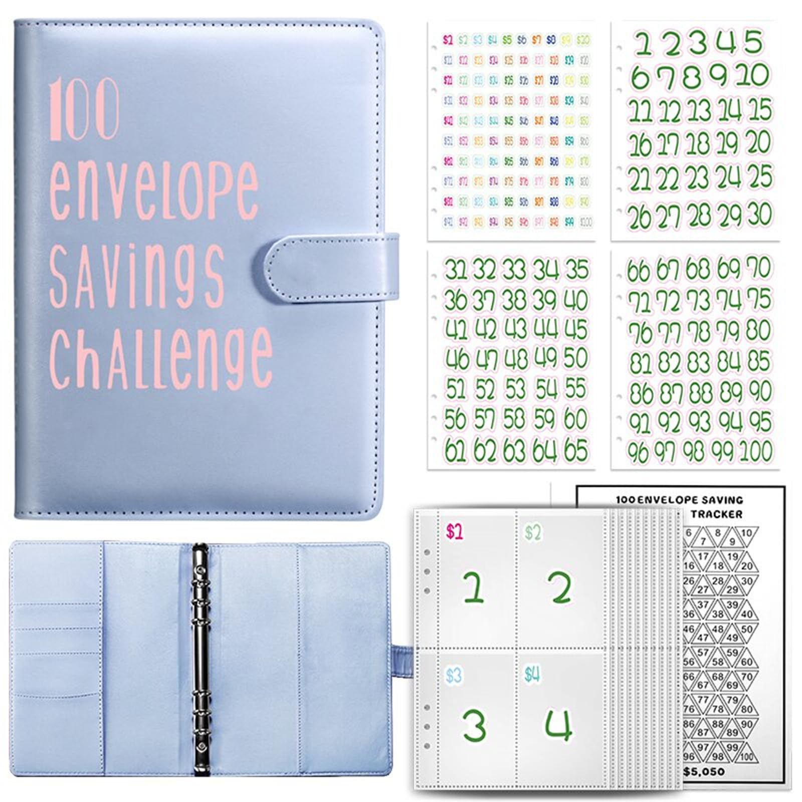 Tomtary 100 Envelope Challenge Budget Binder Money Saving Wallet with Cash Envelopes and Stickers Money Savings Challenge Binder Planner Book for Budgeting Home School Office (Blue)