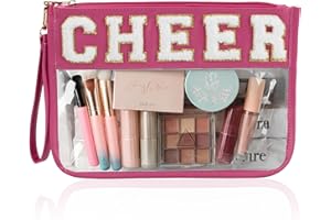 BuyCard Cheer Chenille Letter Bags Clear Makeup Bag, Cheerleader Gifts Cosmetic Bag, Varsity Preppy Patch Flat Pouch Cheer Accessories, Waterproof PVC Organizer Toiletry Bag for Women Girls