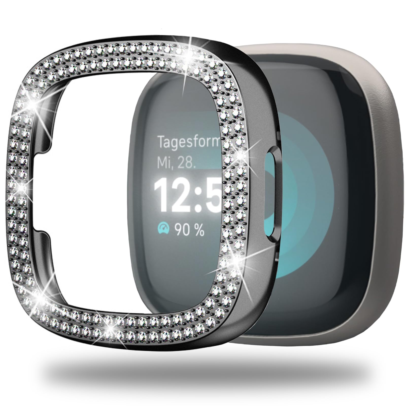 Miimall Bling Case Compatible with Fitbit Versa 4/Fitbit Sense 2, [Without Screen Protector] Crystal Diamonds Hard PC Shockproof All-Around Protective Cover for Women-Black