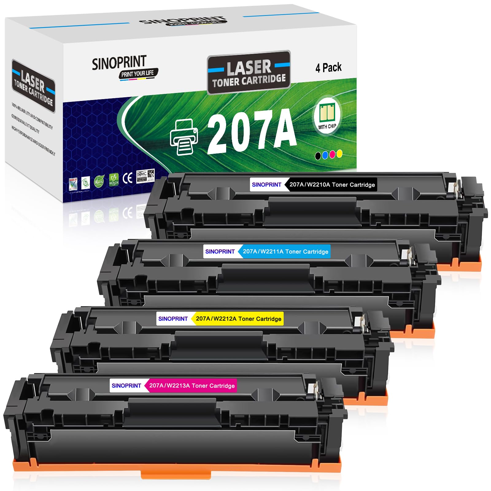 SINOPRINT With Chip 207A Toner Cartridge Compatible for HP 207A 207X Color Laserjet Pro MFP M283fdw Toner Cartridges M282nw M255dw M283fdn M283 M282 M255 W2210A W2210X W2211A W2212A W2213A, 4-Pack