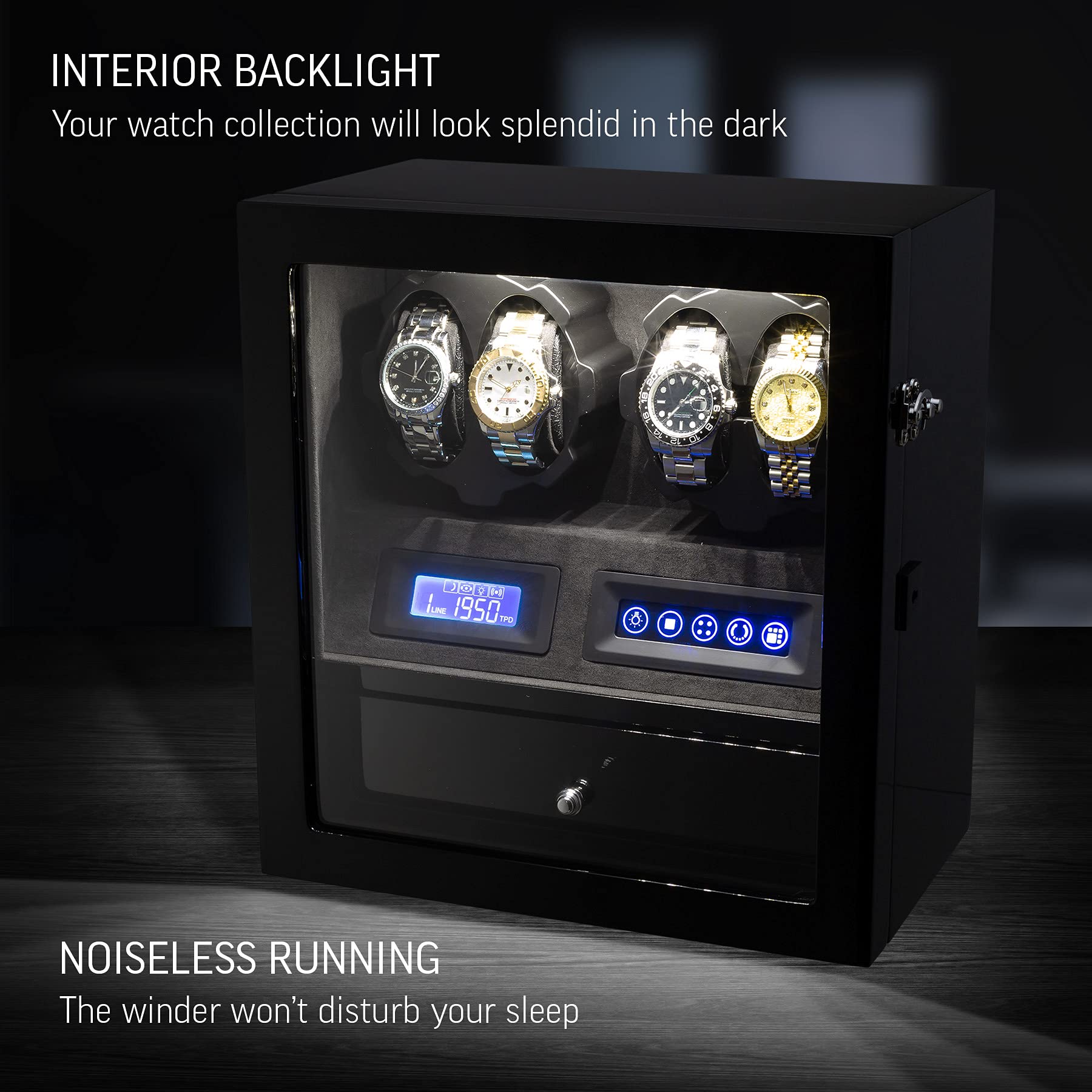 4 Watch Winder with 5 Watch Storage Space, LCD Display, Touch Control and Interior Light