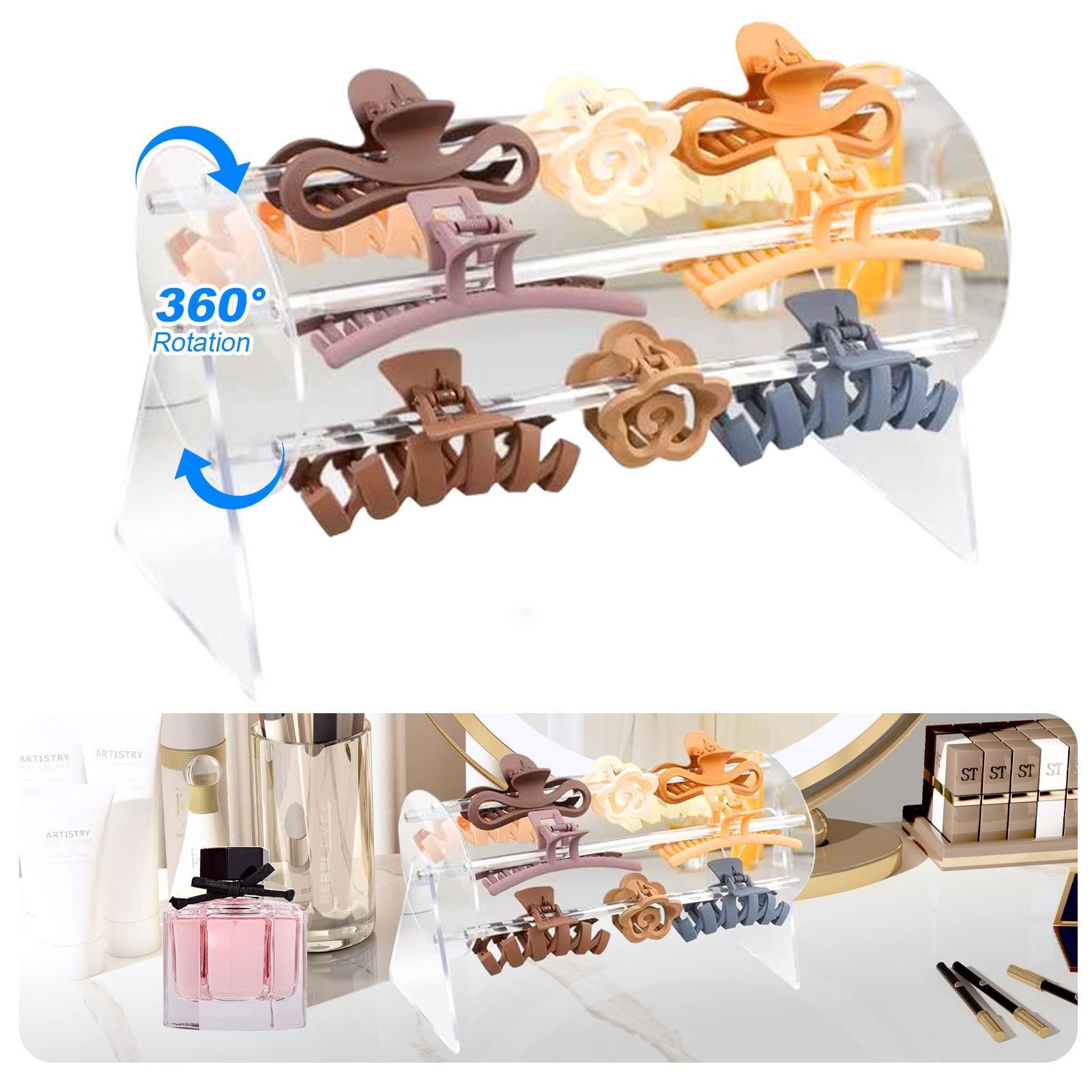 Hair Claw Clip Organizer Acrylic, Hair Clip Organiser 360-Degree Hair Clip Display Stand, Rotating Organiser Case, Hair Accessories Storage For Women And Girls Living Room, Shop, Bedroom