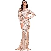 DQHKOW Women's Long Sleeve Sequins Mermaid Gown Long Formal Prom Party Dress