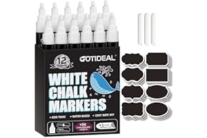 GOTIDEAL White Liquid Chalk Markers, 12 Pack Chalkboard Markers, Chalk Pens for Car Windows, Signs, Blackboard, Glass Painting, Erasable 6mm Reversible Chisel & Bullet Tip-…