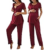JiniGolla Women's Maternity Nursing Pajama Set Breastfeeding Loungewear Mama Clothes Short Sleeve Top & Pants Pregnancy PJS