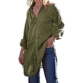 Runcati Womens Button Down Shirts Linen Cotton Long Sleeve Blouse Tunic Tops Cover Up Shirt Loose Beach Bikini Dress