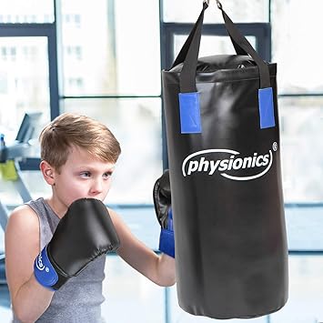 Physionics Junior Boxsack-Set 5-teilig Kinder Boxsack-Kit 28/65 cm 10 kg Boxhandschuhe - 8 oz inkl. Deckenbefestigung und Kar