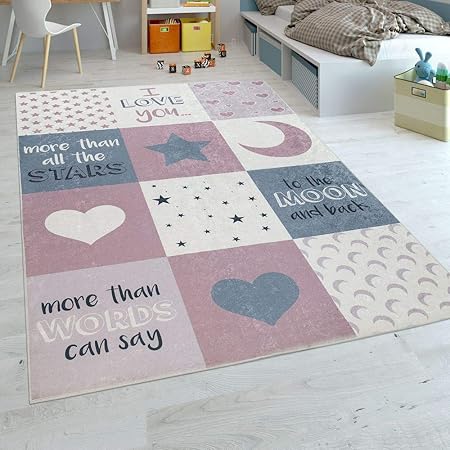 Paco Home Tapis Chambre Enfant Filles Lavable Curs étoiles Lune Inscription Rose Gris Dimension80x150 Cm