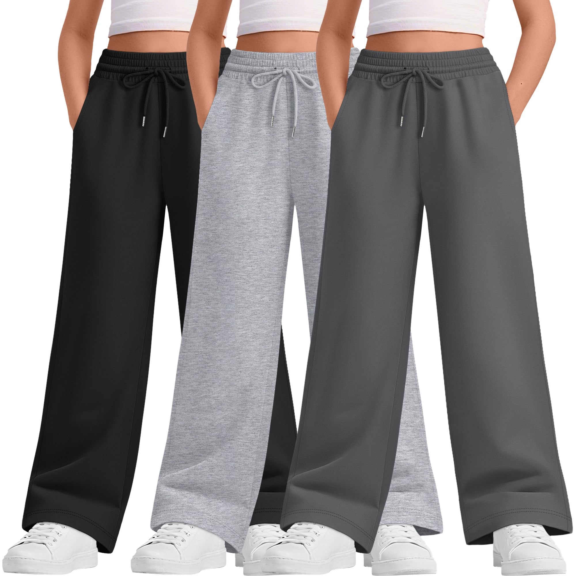 Photo 1 of LessonZoo Teen Girls Sweatpants Wide Leg Drawstring Elastic Waist Pants Straight Leg Athletic Trousers with Pockets(Dark Gray, Light Heather Gray, Black,11-12 Years)