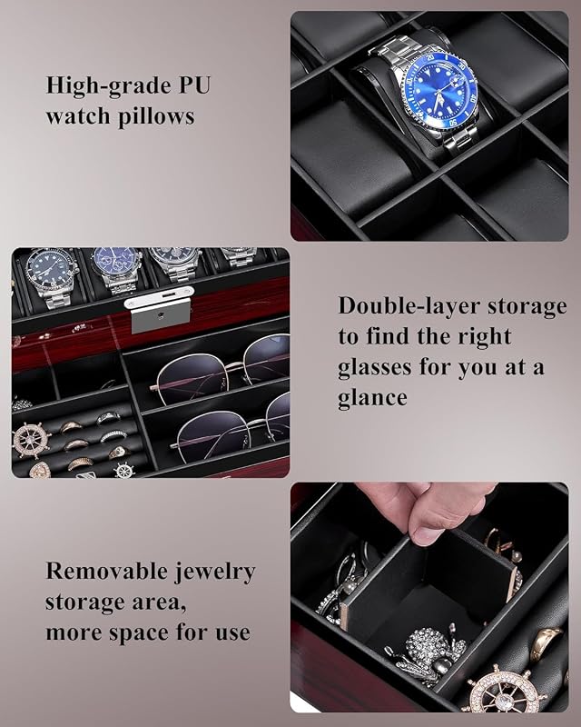 Caja de Relojes con 12 Ranuras, Joyero Hombre con Tapa de Cristal