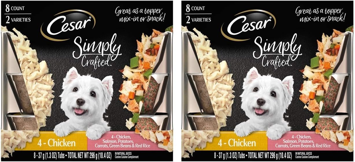CESAR SIMPLY CRAFTED Adult Soft Wet Dog Food Meal Topper Variety Pack Chicken and Chicken, Salmon, Potatoes, Carrots, Green Beans & Red Rice, (16) 1.3 oz. Tubs