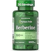 Puritan's Pride Berberine 500 mg, Dietary Supplement Support for Heart Health, Weight Loss, Support Blood Sugar and Cholesterol, 1 Month Supply, 60 Capsules