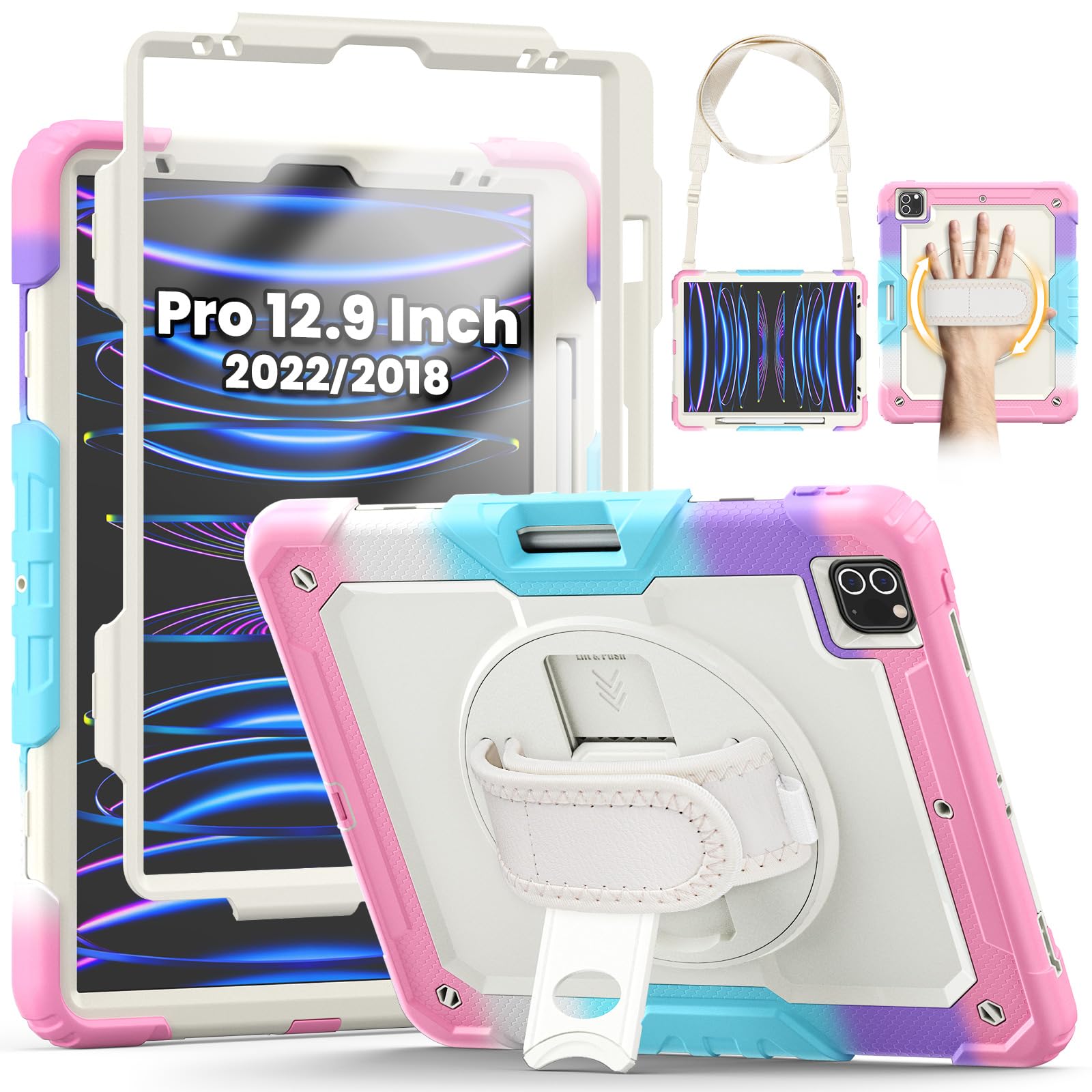 SEYMCY Kids Case for iPad Pro 12.9 Inch 2022/2021/2020/2018 (Pro 6th/5th/4th/3rd), Full-body Shockproof with Screen Protector, 360° Rotating Hand Strap & Stand, Carrying Strap, Pencil Holder, Pink — image 1
