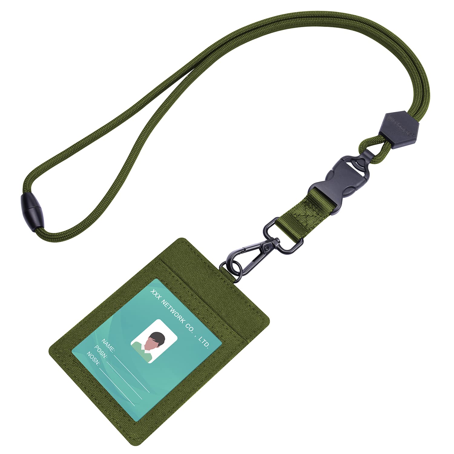 Wisdompro 2-Sided ID Badge Holder, 23 inch Heavy Duty Neck Strap Lanyard with 1 Clear ID Window & 2 Credit Card Slot PVC ID Card Holder, Safety Breakaway Detachable Buckle - Vertical Army Green
