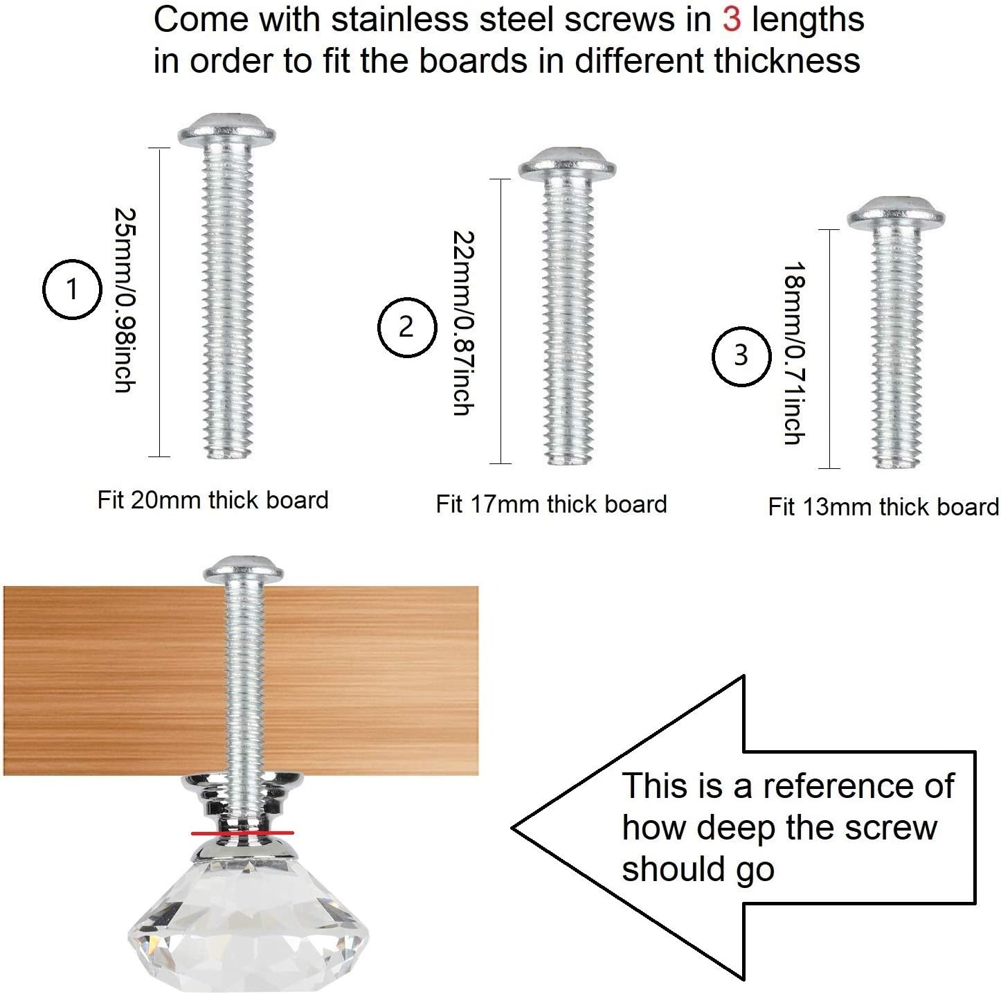 Vandicka 20 Pack 30mm Crystal Glass Cabinet Door Knobs Cupboard Wardrobe Dresser Drawer Pull Handles (Clear Diamond + Chrome Base) with Screws in 3 Sizes - Image 4