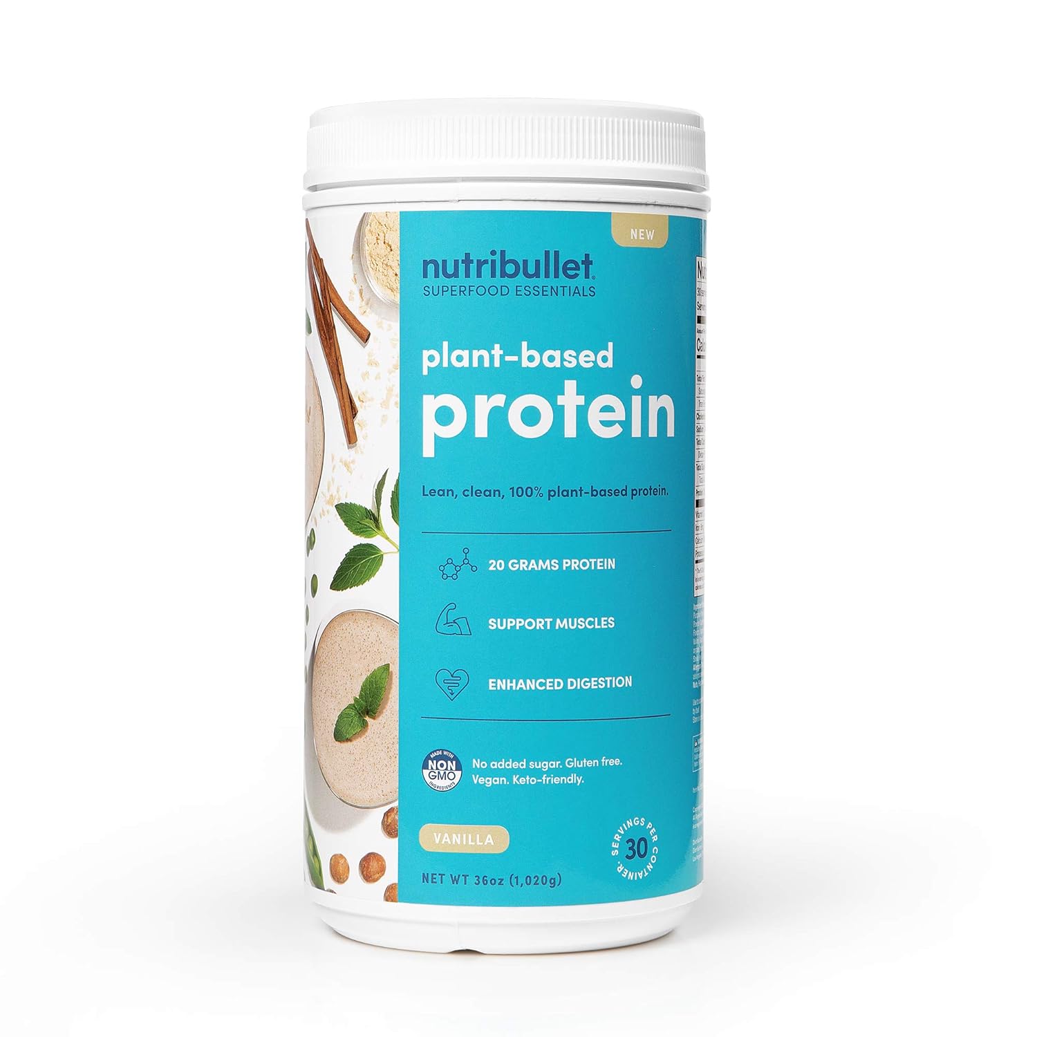 NutriBullet Superfood Essential Plant-Based Protein (Non-GMO, No Sugar Added, gluten free, vegan, keto-friendly, 9 essential amino acids, enzyme blend to enhance digestion), Vanilla, 30 Serving Tub
