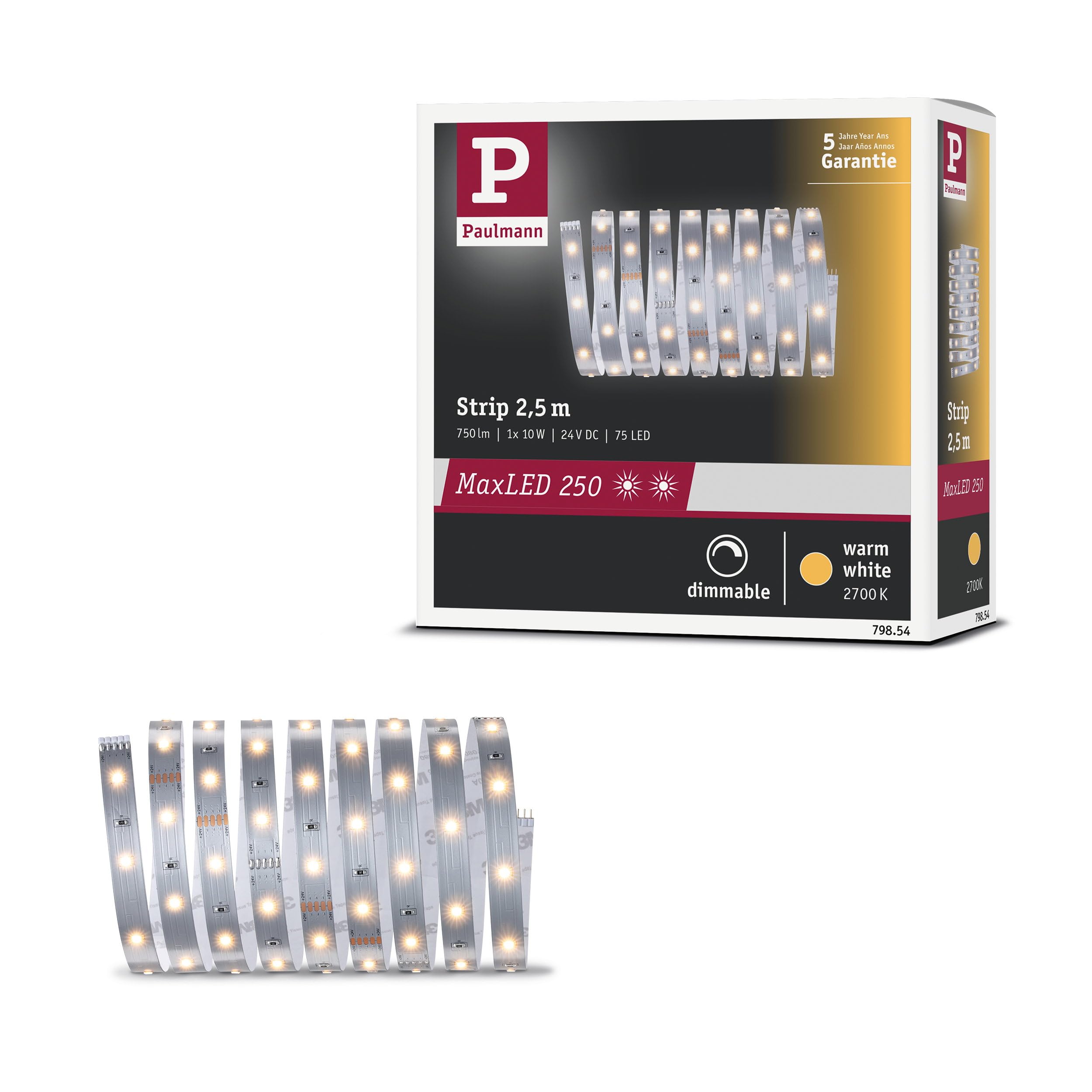 Paulmann 79854 MaxLED 250 LED Strip 2.5m Warm White IP20 incl. 1x10-watt Strip Lighting Strip 2700 K