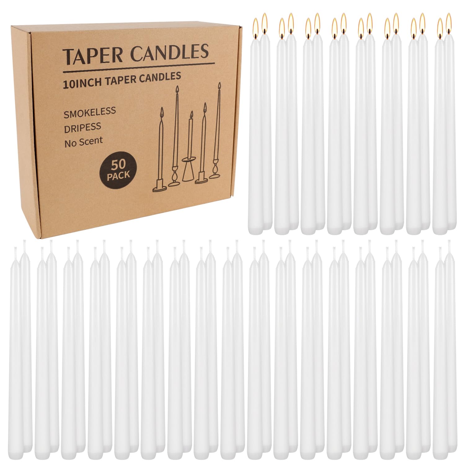 WPONSZU 50 Pack White Taper Candles, 7-8 Hours Burn Time, Unscented, Smokeless and Dripless, 4/5 x 10 Inch for Christmas,Household,Dinner,Wedding,Valentine's Day,Party and Home Décor Candlesticks Image