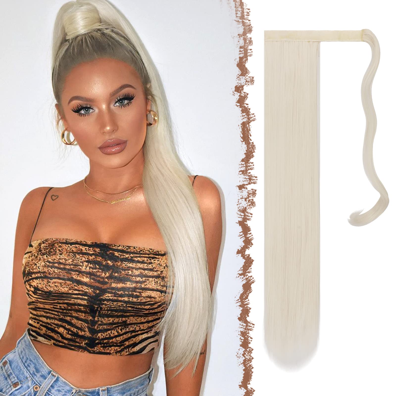 FESHFEN Straight Ponytail Extensions Long Wrap Around Ponytail Synthetic Clip in Pony Tail Hair Extensions Platinum Blonde Hairpiece for Women, 28 inch — image 1