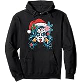 Christmas Sugar Skull Art Woman Santa Hat Festive Design Pullover Hoodie