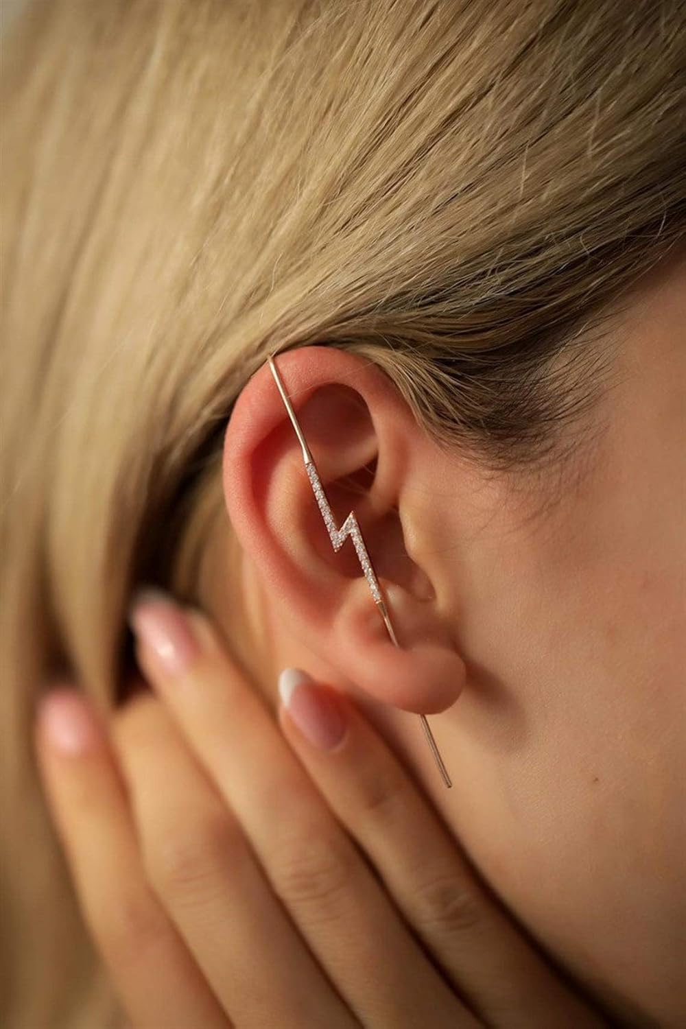 Lightning rose gold CZ ear pin, Edgy pin hook ear cuff