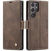 QLTYPRI Case for Samsung Galaxy S24 Ultra, Vintage PU Leather Wallet Case Card Slot Kickstand Magnetic Closure Shockproof Flip Folio Case Cover for Samsung Galaxy S24 Ultra - Coffee Brown