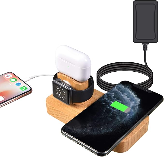 Bamboo Wireless Charger, 4 in 1 15W Fast Charging Station