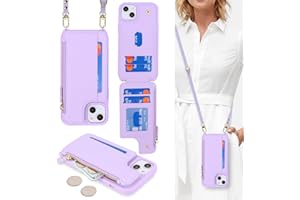 Cavor for iPhone 13 Case with Card Holder,for iPhone 13 Wallet Case for Women,Phone Case for iPhone 13 Case with Strap,Crossbody Lanyard and Wristlet Zipper Pocket Case-Purple