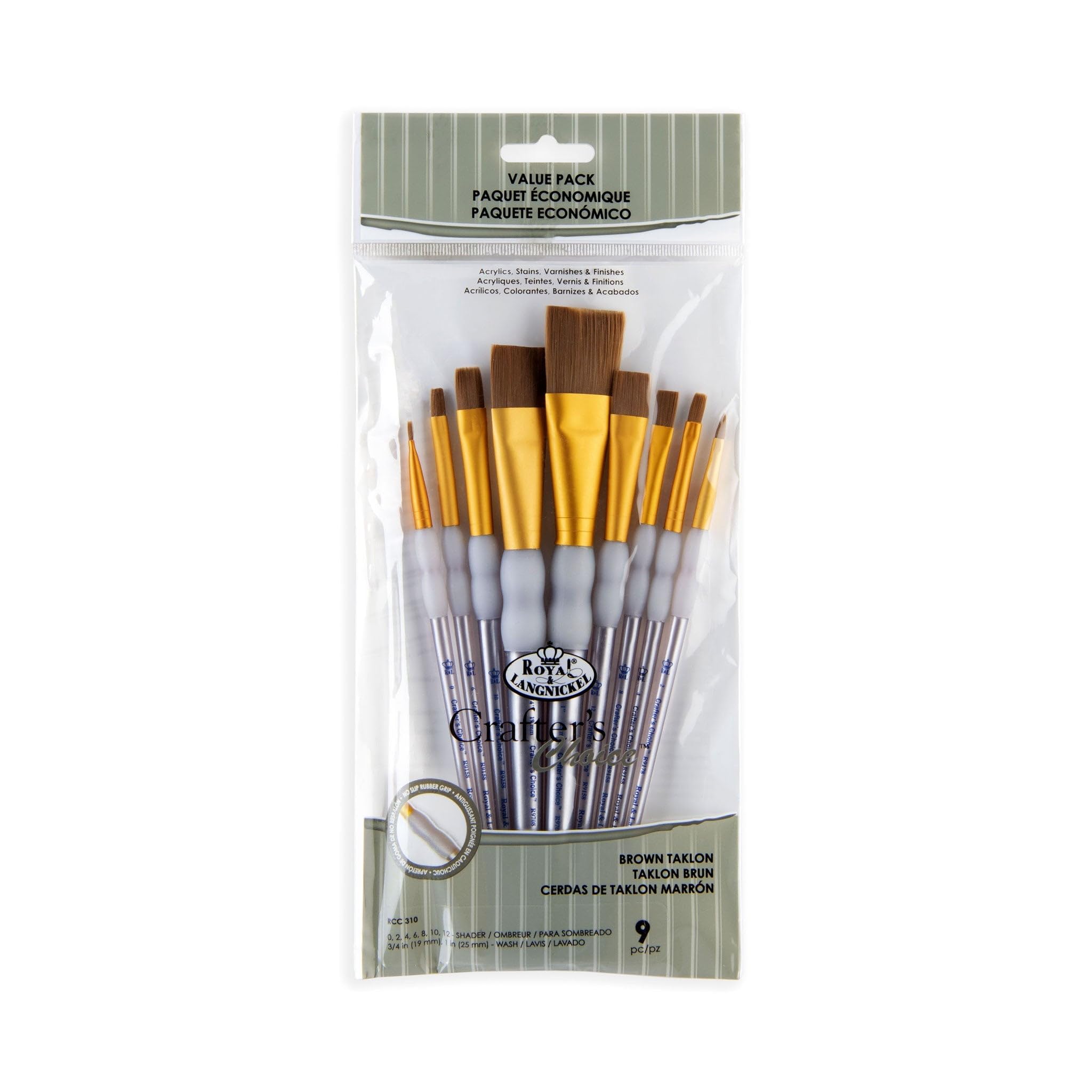 Royal and Langnickel RCC 310 Crafter's Choice Flat Taklon Variety Brush Set - Brown (Pack of 9)