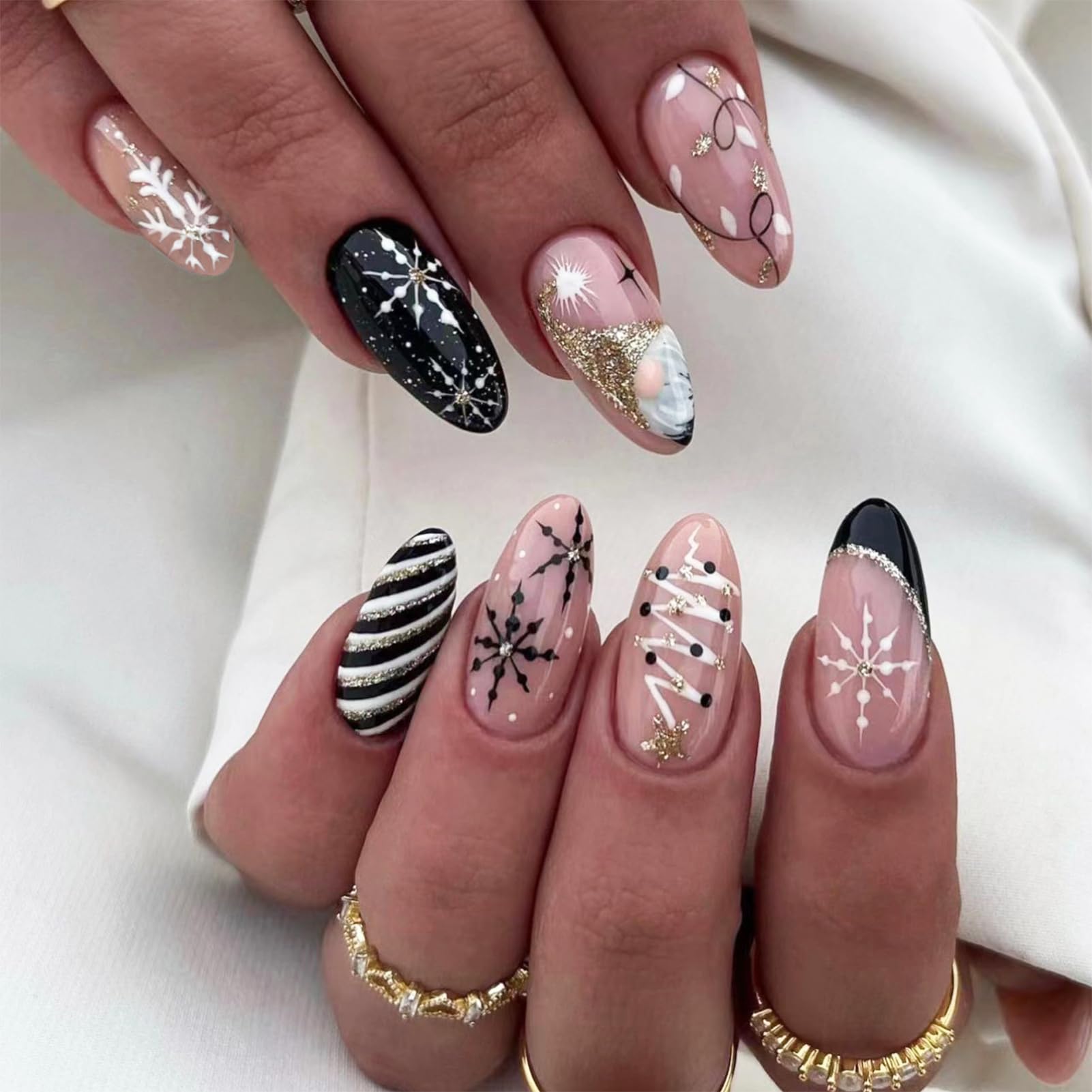 NICENEEDED Medium Almond Press on Nails, Oval Acrylic False Nails, Christmas Tree Artificial Nails Gold Glitter Fake Nails with Snowflake Design Full Cover Stick on Nails for Women 24Pcs — image 1