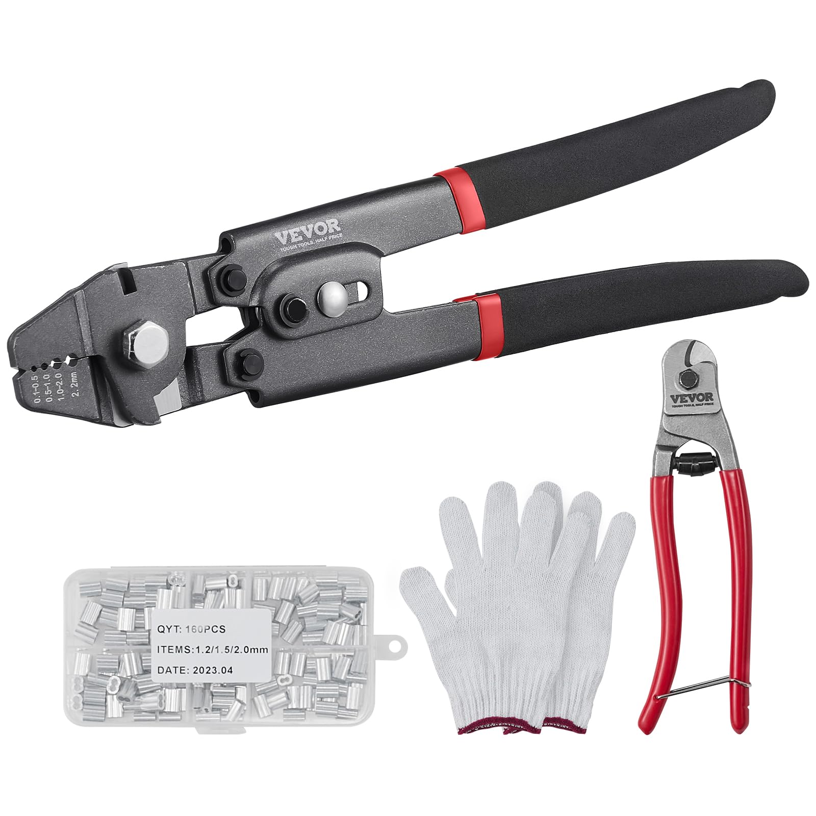VEVOR Crimping Tool, Up to 2.2mm Wire Rope Crimping Tool, Crimping Loop Sleeve Kit with a Cable Cutter and 160pcs Aluminum Buckles, Teflon Coating Anti-Rust Fishing Crimping Tool
