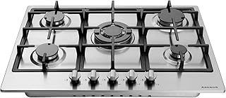 Arebos Edelstahl Gaskochfeld 5 Flammen für Erdgas oder Propangas (Einbaumaße: 46,7 x 54,4 cm, mit Zündsicherung)