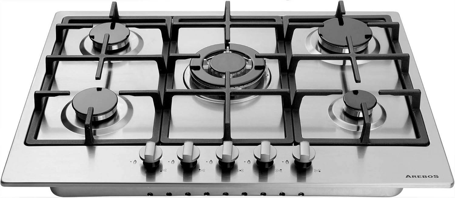 Arebos Edelstahl Gaskochfeld 5 Flammen für Erdgas oder Propangas (Einbaumaße: 46,7 x 54,4 cm, mit Zündsicherung)