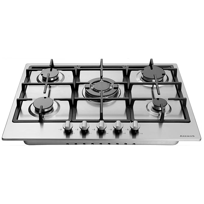 Arebos Edelstahl Gaskochfeld 5 Flammen für Erdgas (Einbaumaße: 46,7 x 54,4 cm, mit Zündsicherung)