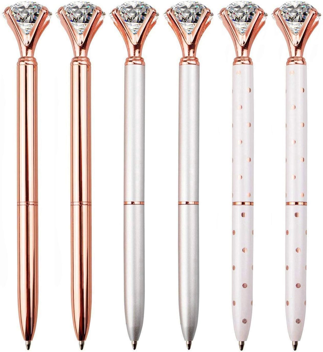 6PCS Diamond Pens Large Crystal Diamond Ballpoint Pen Bling Metal Ballpoint Pen Office and School, Silver / White Rose Polka Dot / Rose Gold, Including 6Pen Refills.