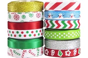 Q-YO Holiday Christmas Grosgrain Ribbon Set for Gift Package Wrapping, Hair Bow Clip Accessory Making, Crafting, Wedding Decor. (60yd(12x5yd) 3/8" Grosgrain Ribbon-Xmas)