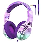 QearFun Kids Headphones Wired with Mic, 85/94dB Safe Volume Limit, Foldable Over Ear, Tangle-Free Cord & Sharing Port, Wired On-Ear Headset for School, Chromebook, Tablet, Travel - Boys & Girls