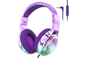 QearFun Kids Headphones Wired with Mic, 85/94dB Safe Volume Limit, Foldable Over Ear, Tangle-Free Cord & Sharing Port, Wired On-Ear Headset for School, Chromebook, Tablet, Travel - Boys & Girls