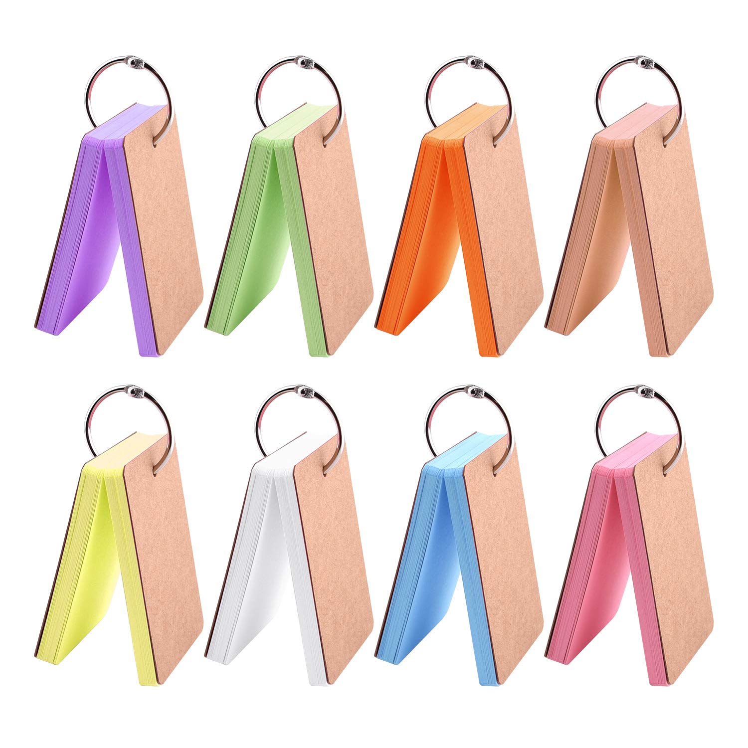 TUPARKA 8 Set 400 Pcs Study Cards Index Cards Flash Cards Kraft Paper Memo Scratch Pads with Metal Binder Ring，Multicolor